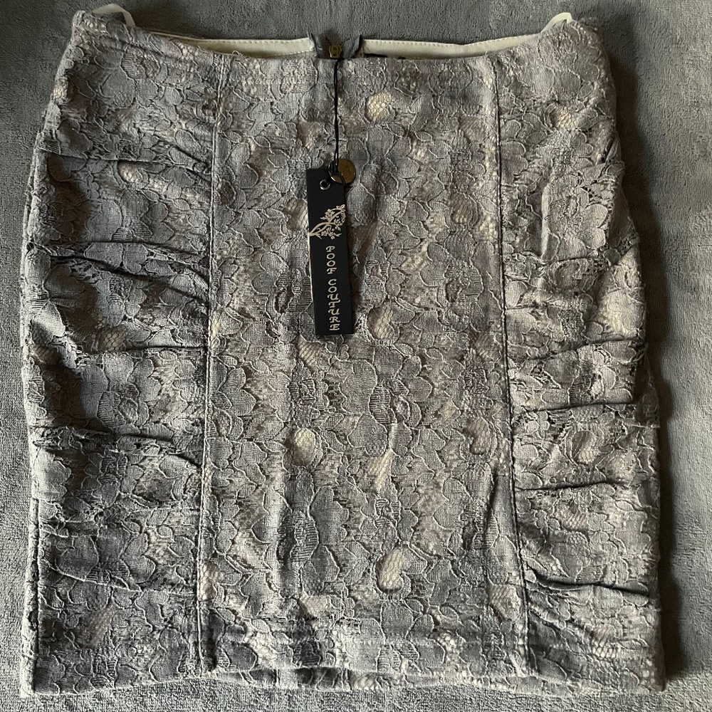 POOF Couture mini skirt stretch grey lace overlay w/ nude lining